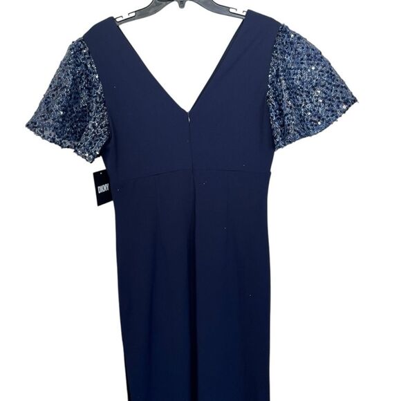 NWT DKNY | Navy Blue VvNeck Sequin Flutter Sleeve Gown 8 - Picture 6 of 13